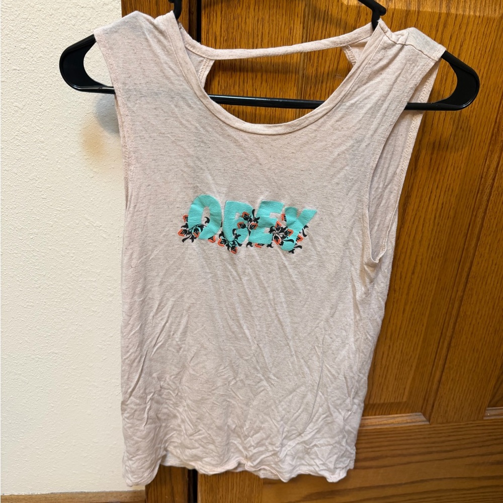 Obey Women's Cream and Teal Muscle Tee